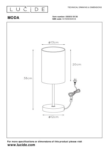 Lucide MODA - Tischlampe - Ø 13 cm - 1xE27 - Grau - TECHNISCH